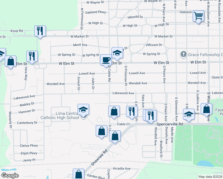 map of restaurants, bars, coffee shops, grocery stores, and more near 510 South Cable Road in Lima