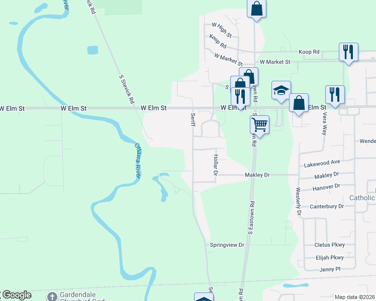 map of restaurants, bars, coffee shops, grocery stores, and more near 414 Seriff Road in Lima