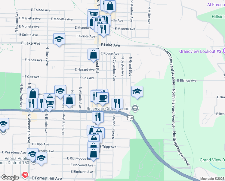 map of restaurants, bars, coffee shops, grocery stores, and more near 3820 North Ashton Avenue in Peoria
