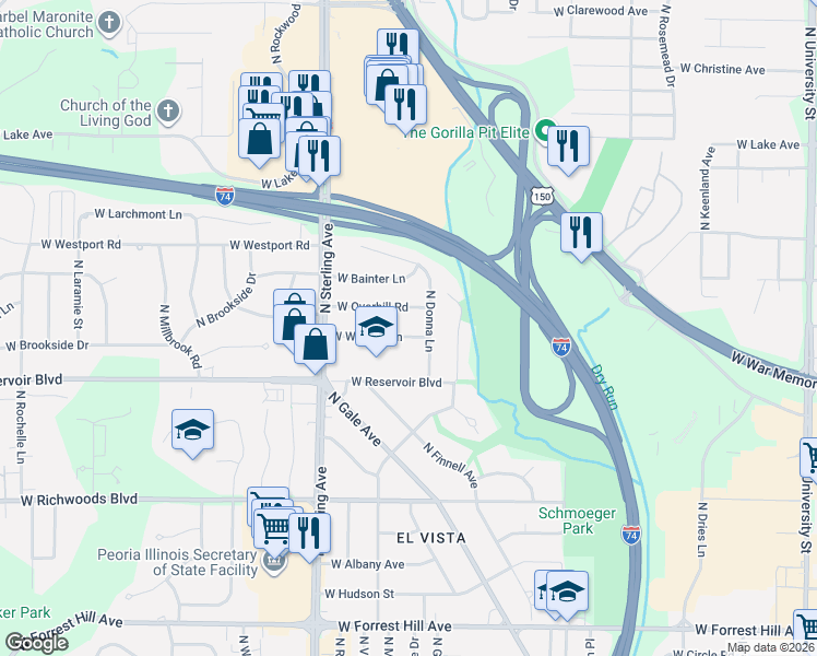 map of restaurants, bars, coffee shops, grocery stores, and more near 2217 West Wagner Lane in Peoria