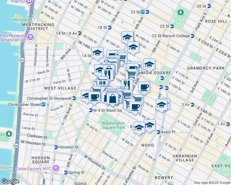 map of restaurants, bars, coffee shops, grocery stores, and more near 19 West 10th Street in New York