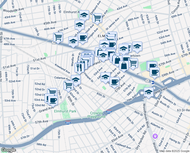 map of restaurants, bars, coffee shops, grocery stores, and more near 85-27 54th Avenue in Queens