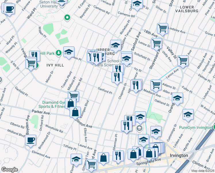 map of restaurants, bars, coffee shops, grocery stores, and more near 29 Sanford Place in Newark