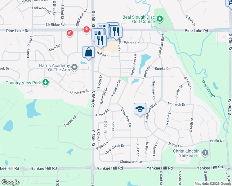 map of restaurants, bars, coffee shops, grocery stores, and more near 7627 Upton Grey Lane in Lincoln