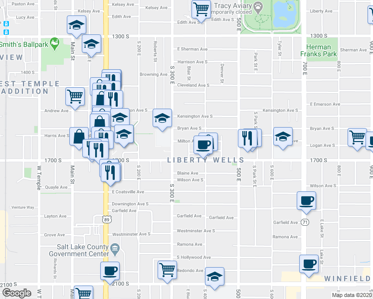 map of restaurants, bars, coffee shops, grocery stores, and more near 1622 Blair Street in Salt Lake City