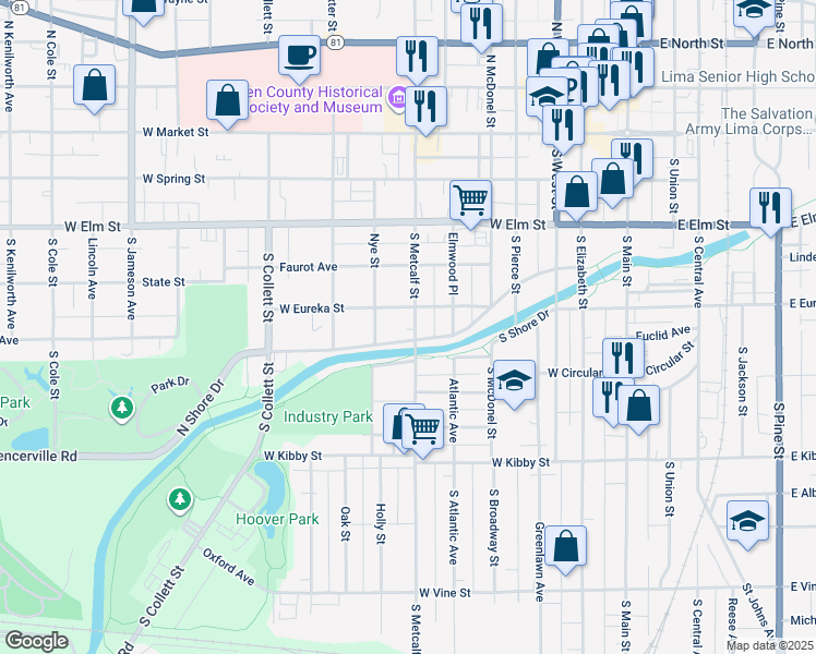 map of restaurants, bars, coffee shops, grocery stores, and more near 514 South Metcalf Street in Lima