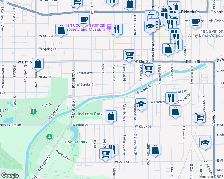 map of restaurants, bars, coffee shops, grocery stores, and more near 514 South Metcalf Street in Lima