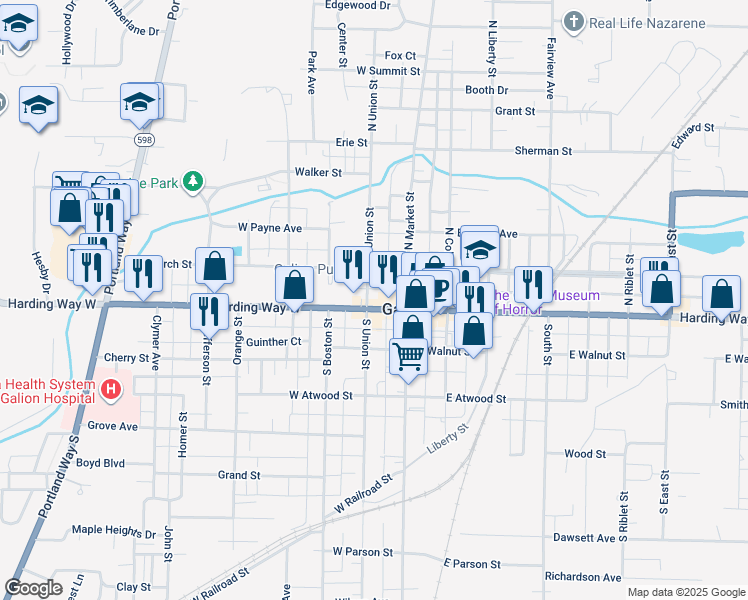 map of restaurants, bars, coffee shops, grocery stores, and more near 134 Harding Way West in Galion