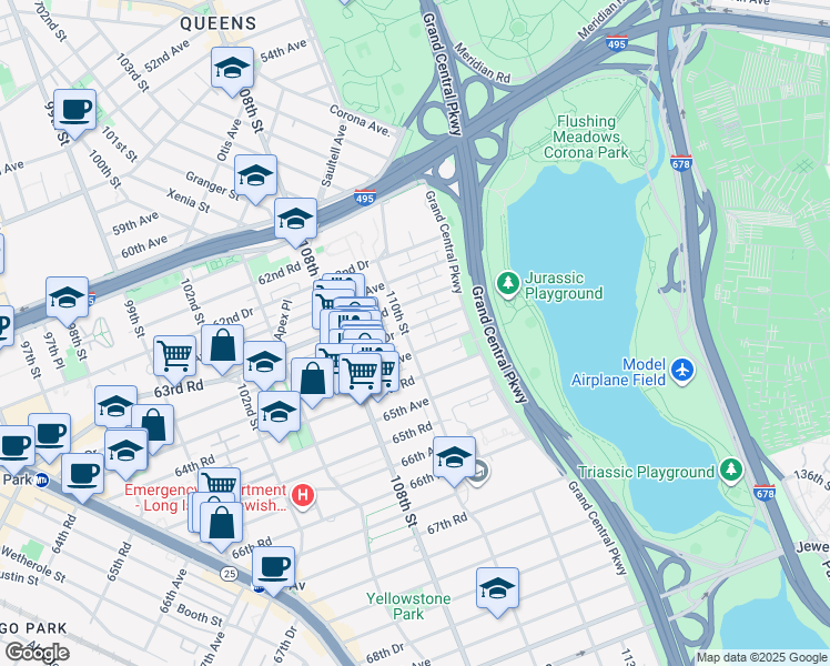 map of restaurants, bars, coffee shops, grocery stores, and more near 108-52 63rd Drive in Queens