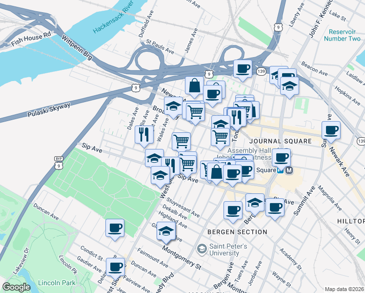map of restaurants, bars, coffee shops, grocery stores, and more near 1015 County Road 641 in Jersey City