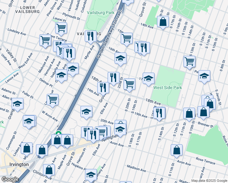 map of restaurants, bars, coffee shops, grocery stores, and more near 312 Ellis Avenue in Irvington