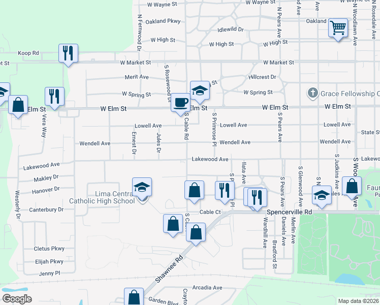 map of restaurants, bars, coffee shops, grocery stores, and more near 510 South Cable Road in Lima