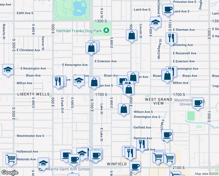 map of restaurants, bars, coffee shops, grocery stores, and more near 782 Logan Avenue South in Salt Lake City