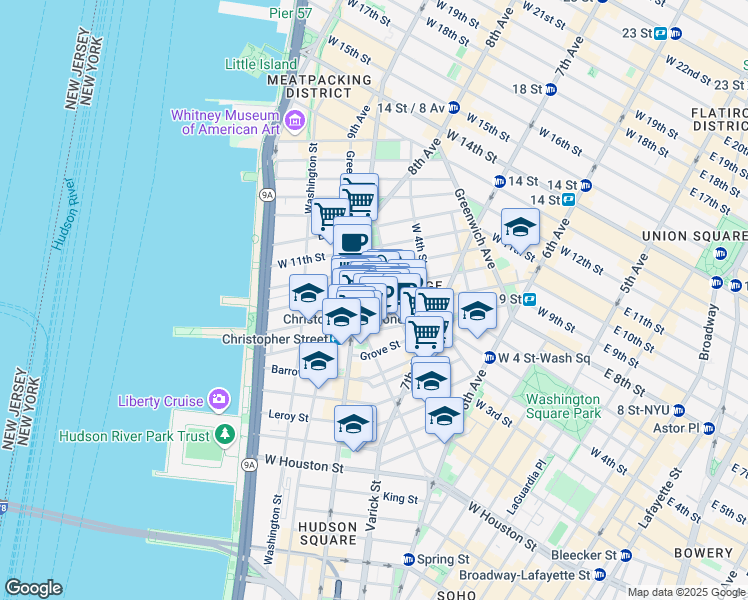 map of restaurants, bars, coffee shops, grocery stores, and more near 233 West 10th Street in New York