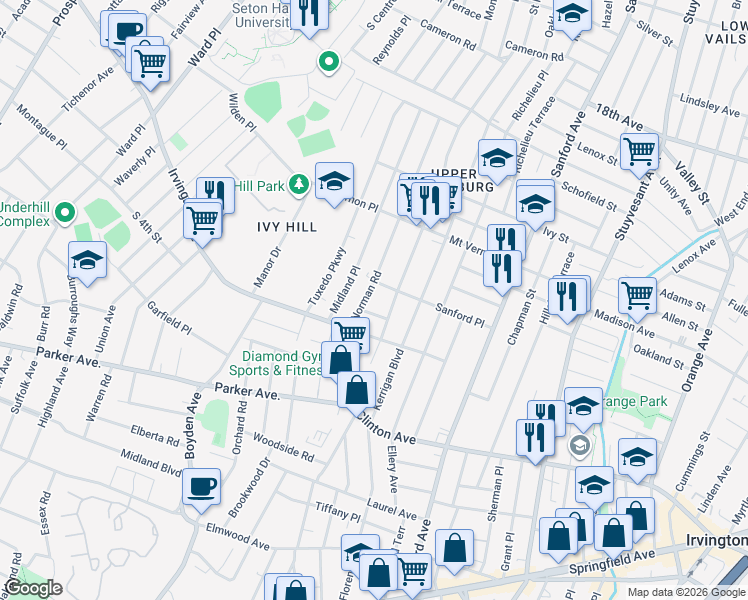 map of restaurants, bars, coffee shops, grocery stores, and more near 198-200 Norman Road in Newark