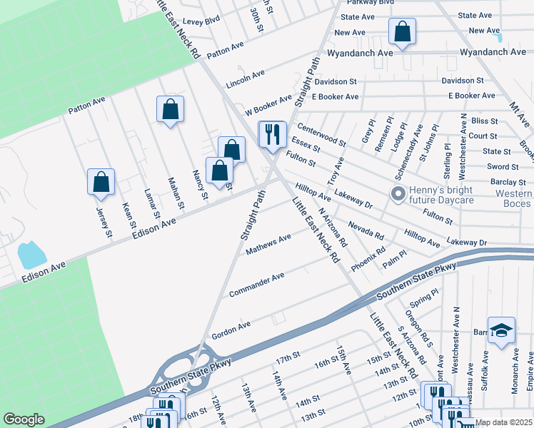 map of restaurants, bars, coffee shops, grocery stores, and more near 26 Hamlin Avenue in West Babylon