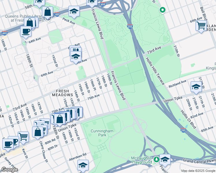 map of restaurants, bars, coffee shops, grocery stores, and more near 73-70 199th Street in Queens