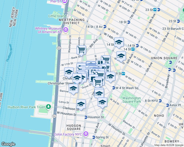 map of restaurants, bars, coffee shops, grocery stores, and more near 93 Christopher Street in New York