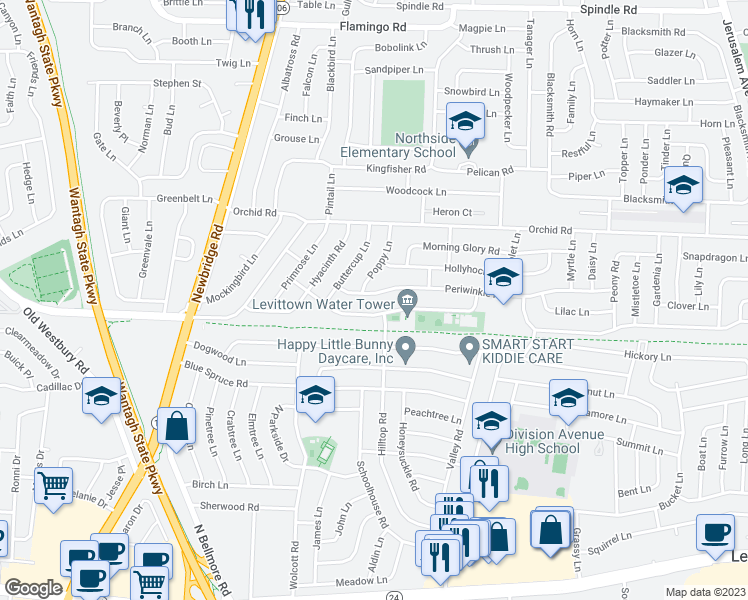 map of restaurants, bars, coffee shops, grocery stores, and more near 24 Periwinkle Road in Levittown