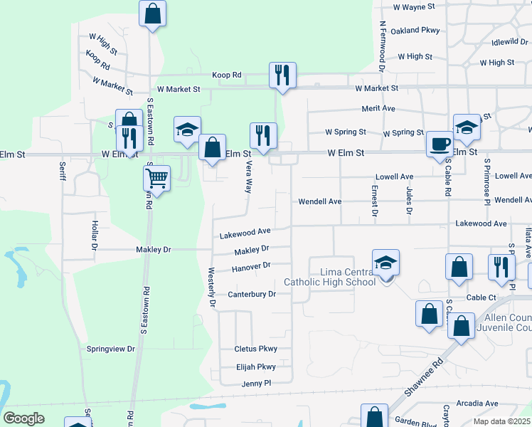 map of restaurants, bars, coffee shops, grocery stores, and more near 614 Shock Ave in Lima