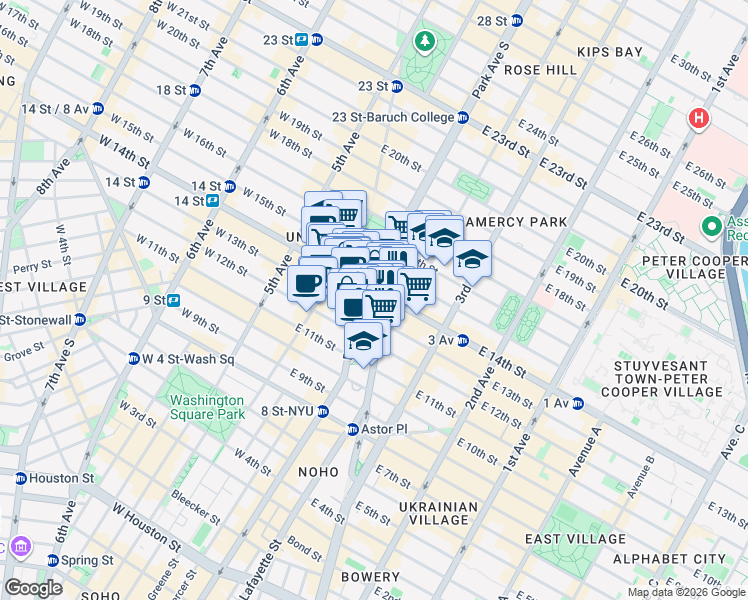map of restaurants, bars, coffee shops, grocery stores, and more near 1 Union Square East in New York