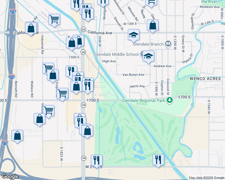 map of restaurants, bars, coffee shops, grocery stores, and more near 1616 West Snow Queen Place in Salt Lake City