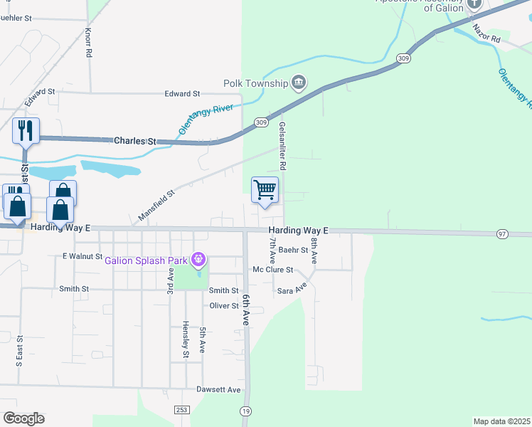 map of restaurants, bars, coffee shops, grocery stores, and more near 1330 Harding Way East in Galion