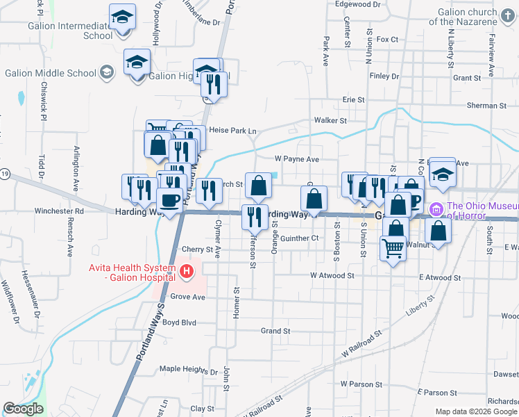 map of restaurants, bars, coffee shops, grocery stores, and more near 501 Harding Way West in Galion