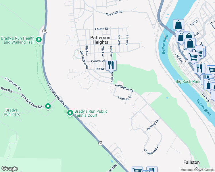 map of restaurants, bars, coffee shops, grocery stores, and more near 51 Darlington Rd in Beaver Falls