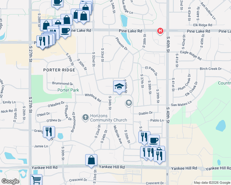 map of restaurants, bars, coffee shops, grocery stores, and more near 3410 Scottsdale Lane in Lincoln