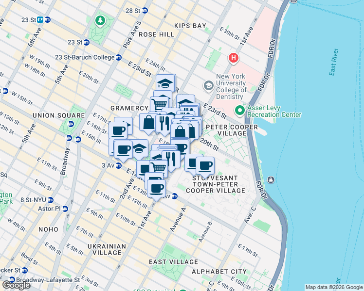 map of restaurants, bars, coffee shops, grocery stores, and more near 321 1st Avenue in New York