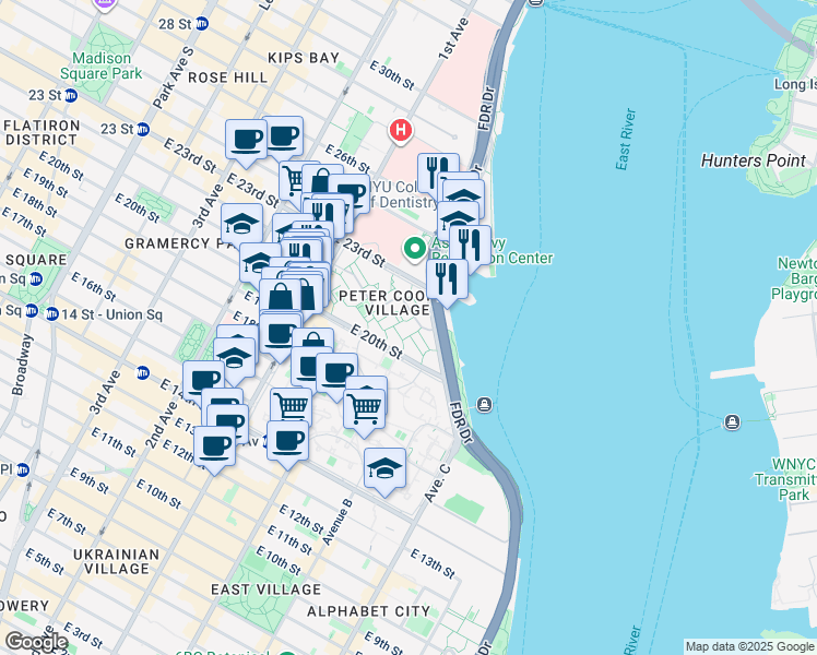 map of restaurants, bars, coffee shops, grocery stores, and more near 6 Peter Cooper Road in New York