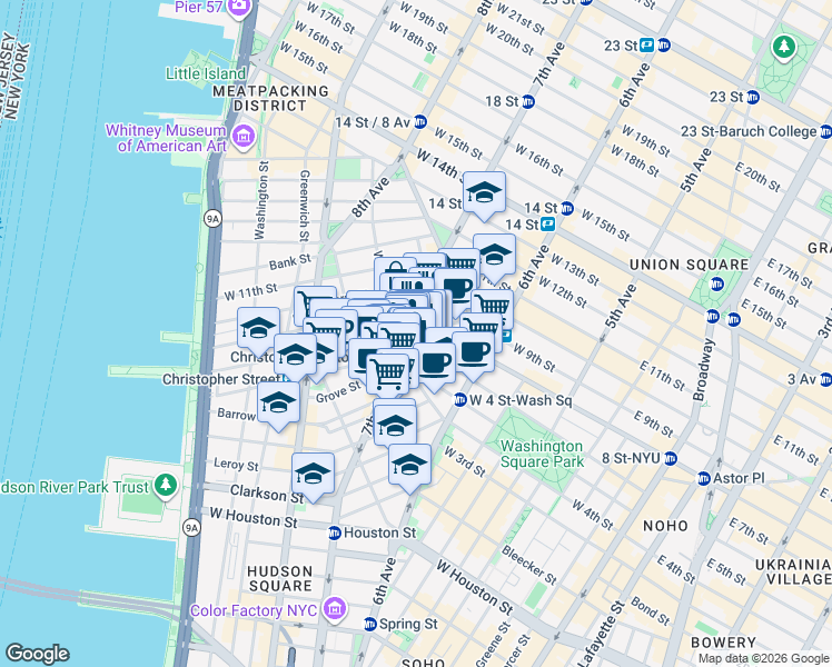 map of restaurants, bars, coffee shops, grocery stores, and more near in New York