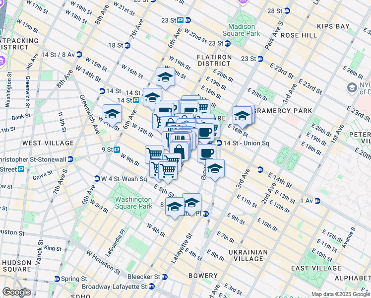 map of restaurants, bars, coffee shops, grocery stores, and more near 114 University Place in New York