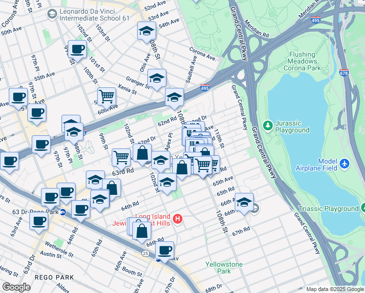 map of restaurants, bars, coffee shops, grocery stores, and more near 105-42 63rd Road in Queens