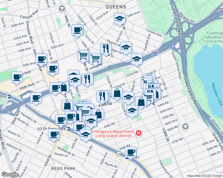 map of restaurants, bars, coffee shops, grocery stores, and more near 62nd Drive in Queens