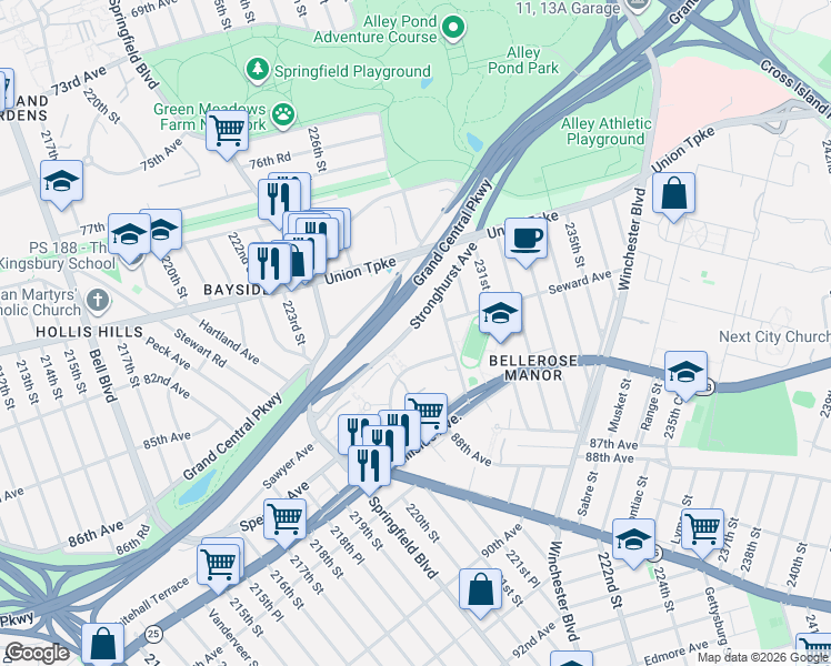 map of restaurants, bars, coffee shops, grocery stores, and more near 25 Stronghurst Avenue in Queens