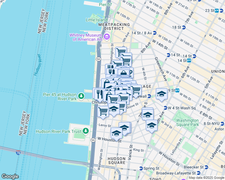 map of restaurants, bars, coffee shops, grocery stores, and more near 693 Washington Street in New York