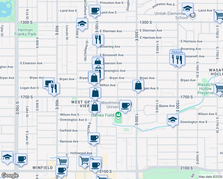 map of restaurants, bars, coffee shops, grocery stores, and more near 1149 East 1700 South in Salt Lake City
