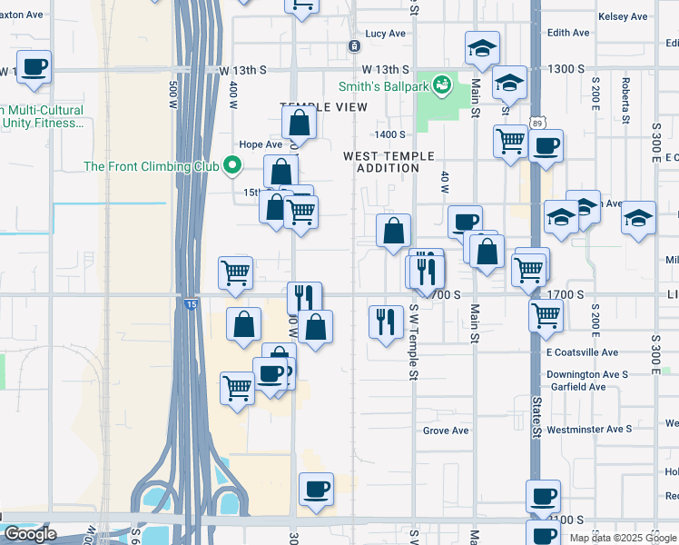 map of restaurants, bars, coffee shops, grocery stores, and more near 204 1700 South in Salt Lake City