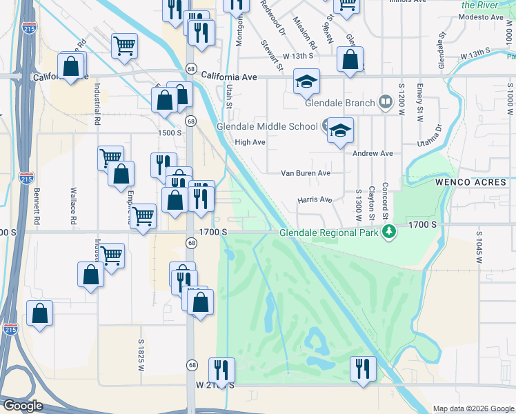 map of restaurants, bars, coffee shops, grocery stores, and more near 1616 West Snow Queen Place in Salt Lake City