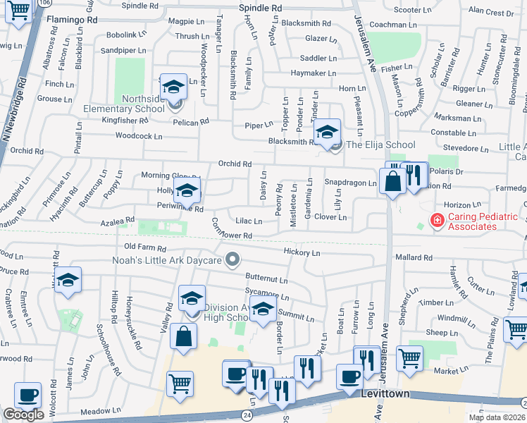 map of restaurants, bars, coffee shops, grocery stores, and more near 14 Peony Road in Levittown