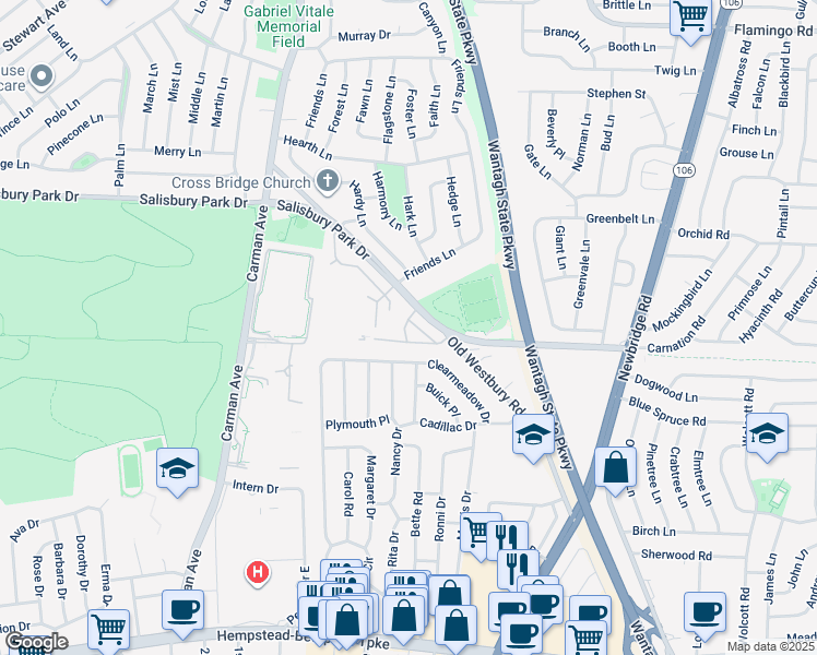 map of restaurants, bars, coffee shops, grocery stores, and more near 4502 Salisbury Park Drive in East Meadow