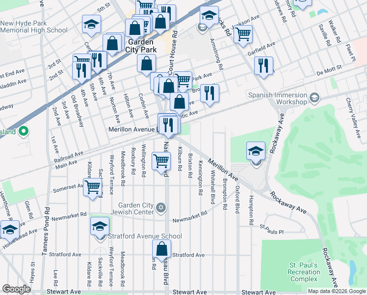 map of restaurants, bars, coffee shops, grocery stores, and more near 214 Brixton Road in Garden City