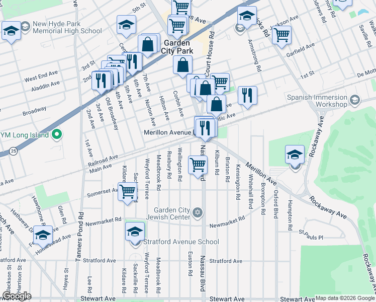 map of restaurants, bars, coffee shops, grocery stores, and more near 216 Euston Road in Garden City