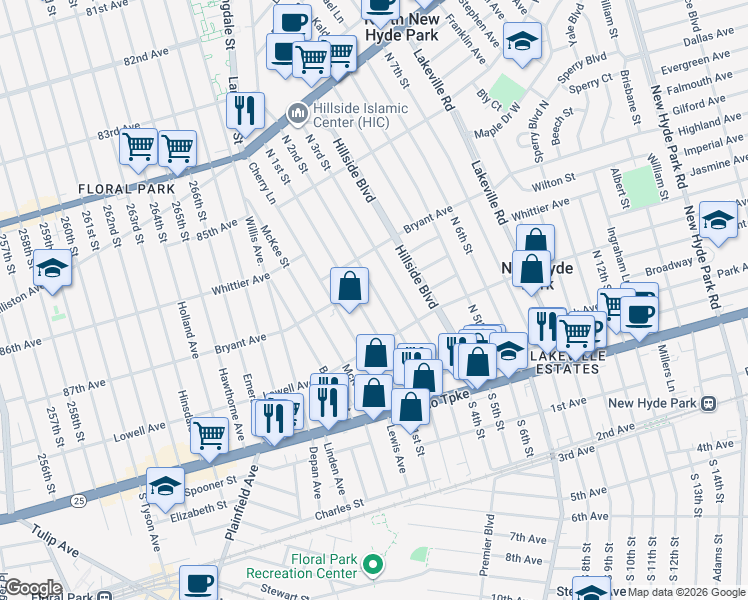 map of restaurants, bars, coffee shops, grocery stores, and more near 520 North 1st Street in New Hyde Park