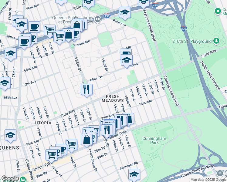 map of restaurants, bars, coffee shops, grocery stores, and more near 192-05 73rd Avenue in Queens
