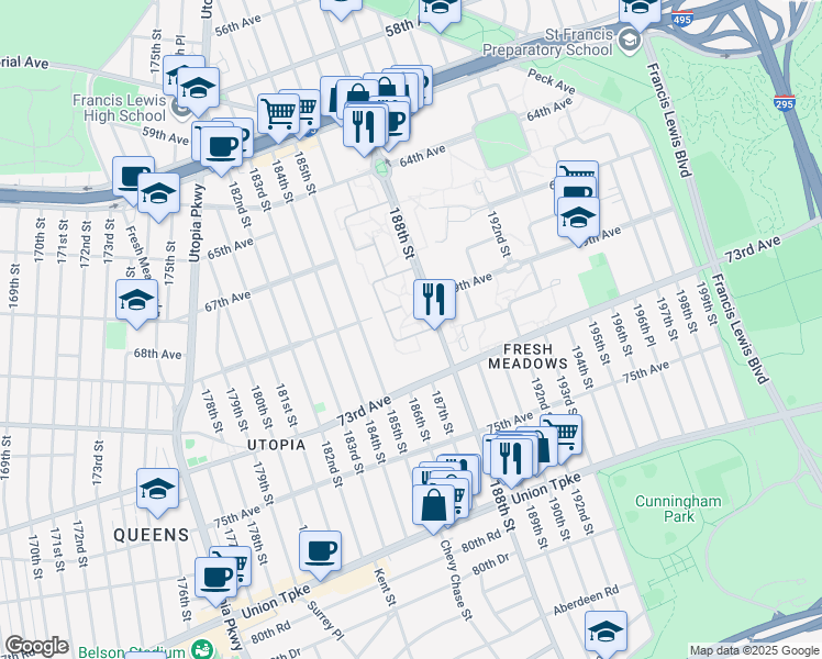 map of restaurants, bars, coffee shops, grocery stores, and more near 69-34G 186th Lane in Queens