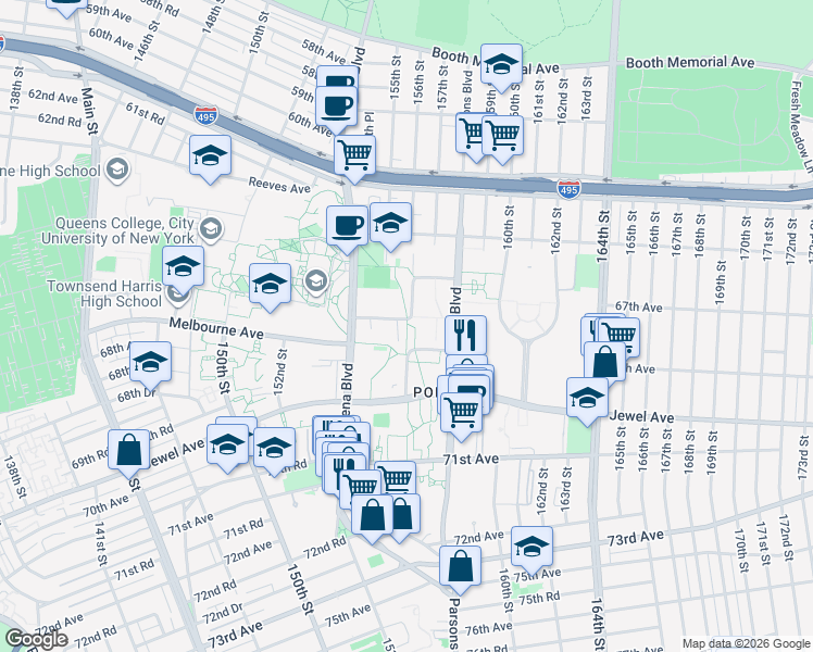map of restaurants, bars, coffee shops, grocery stores, and more near 67-20 Parsons Boulevard in Queens