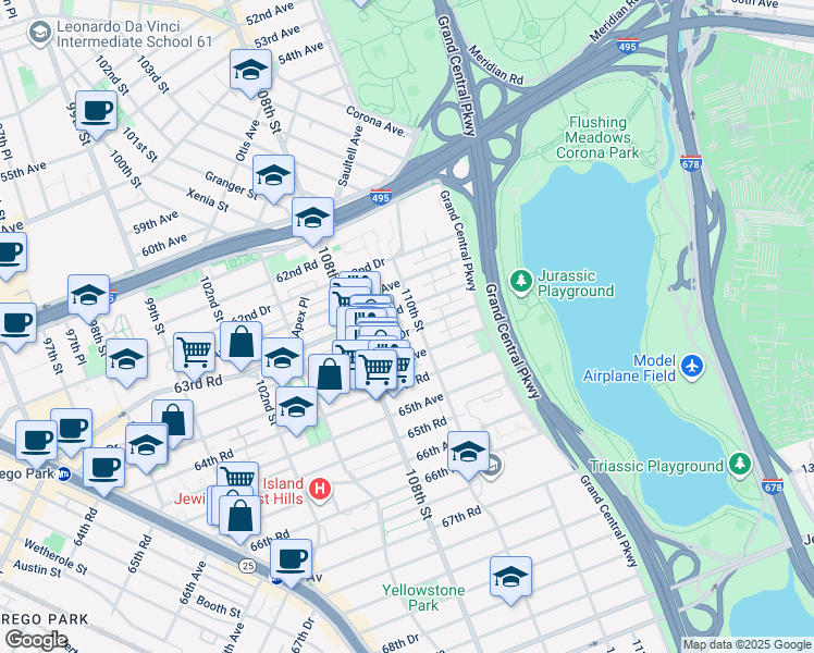 map of restaurants, bars, coffee shops, grocery stores, and more near 108-52 63rd Drive in Queens